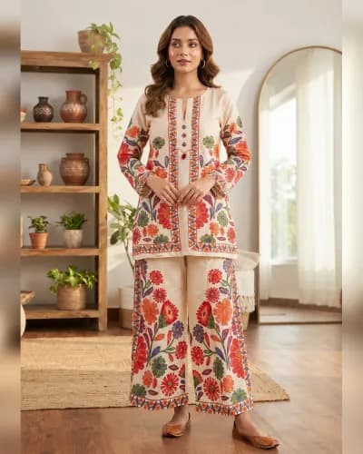 Cream Floral Silk Co-ord Set