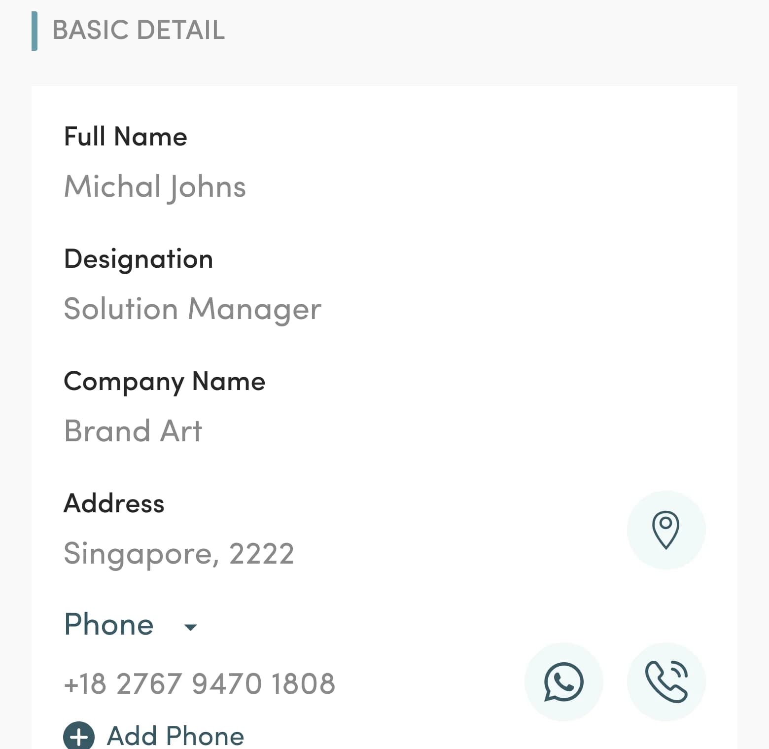 MyBizScan Card Details screen with the fields read from the card